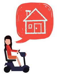 Image description: Opening the Door logo featuring a woman with long dark hair sitting on a mobility scooter, facing the viewer. A speech bubble extends from her mouth, containing a hand-drawn image of a house with a chimney.  